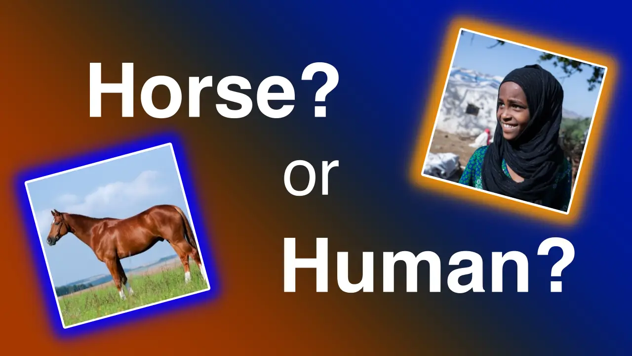Horse on the left and human on the right with a bright green and blue background. Text in the front that asks, horse or human?